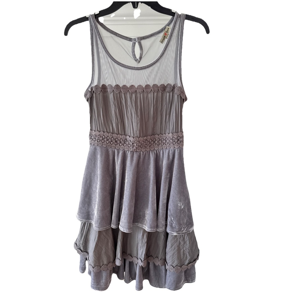 Altar'd State Gray Velvet Mesh Dress Sz S Boho Tiered Party‎ Fit Flare Crocheted